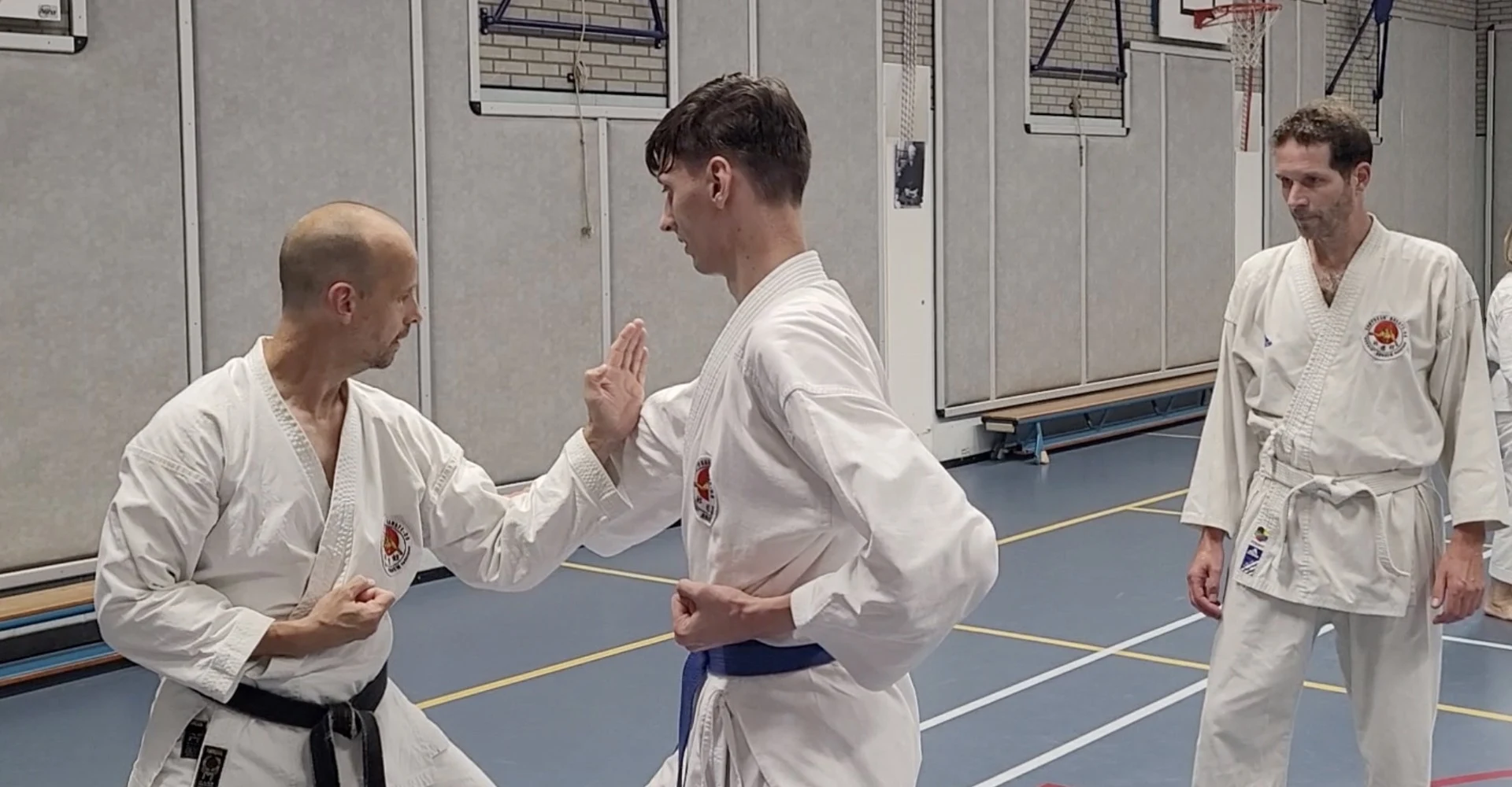 Twee karateka's oefenen een bevrijdingstechniek tijdens partnertraining in de dojo