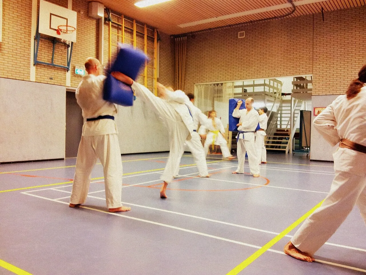 Karateka's tijdens partnertraining in de dojo, met een hoge trap