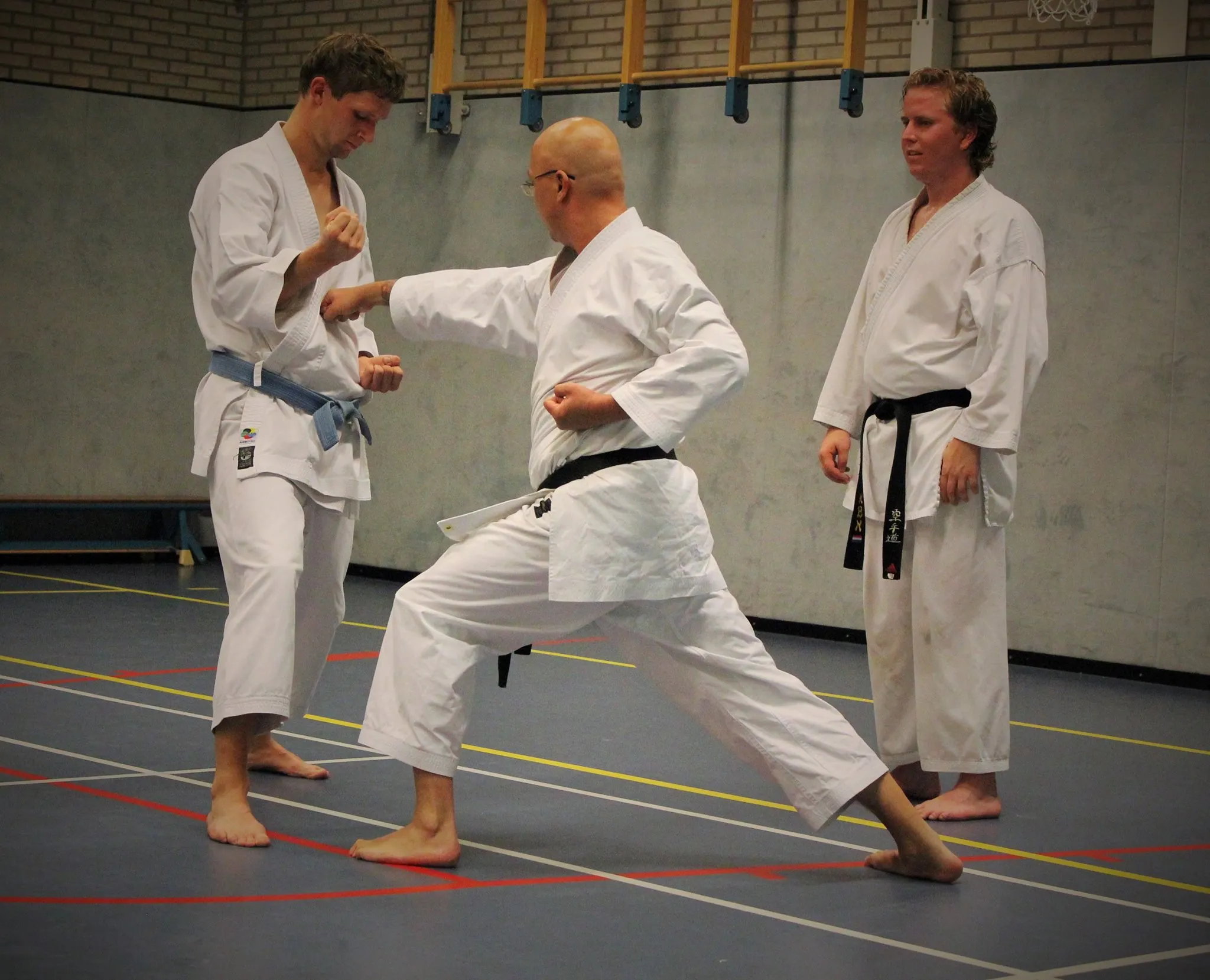 Sensei corrigeert een lage stoot tijdens groepstraining, andere leden kijken toe