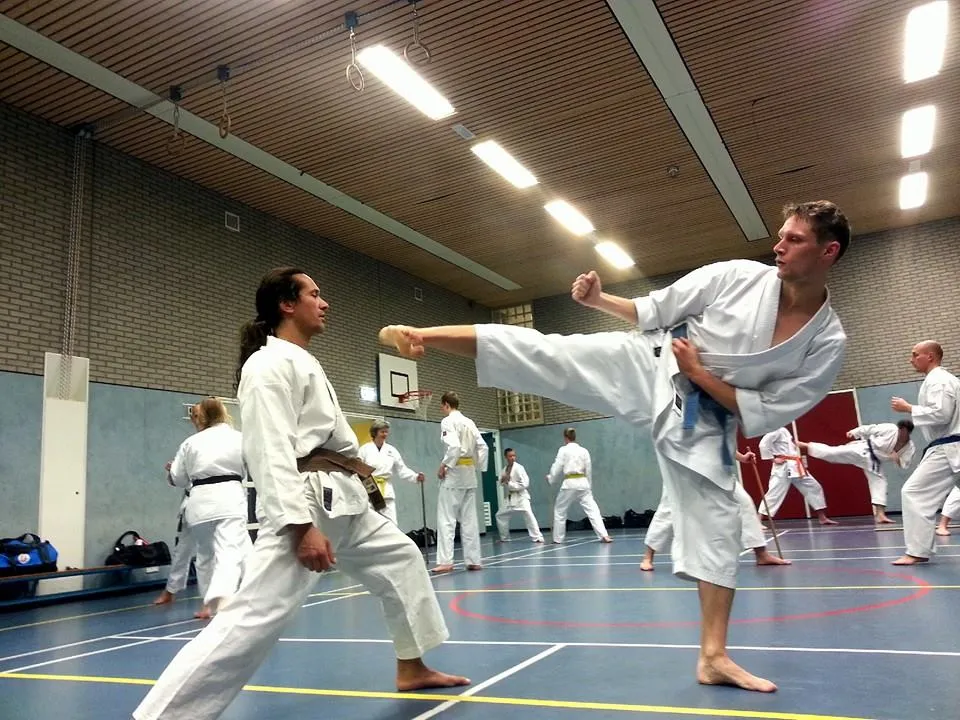 Karateka voert een zijwaartse trap (yoko geri) uit tijdens groepstraining